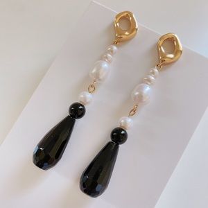 Natural real pearl black onyx long dangle earrings
